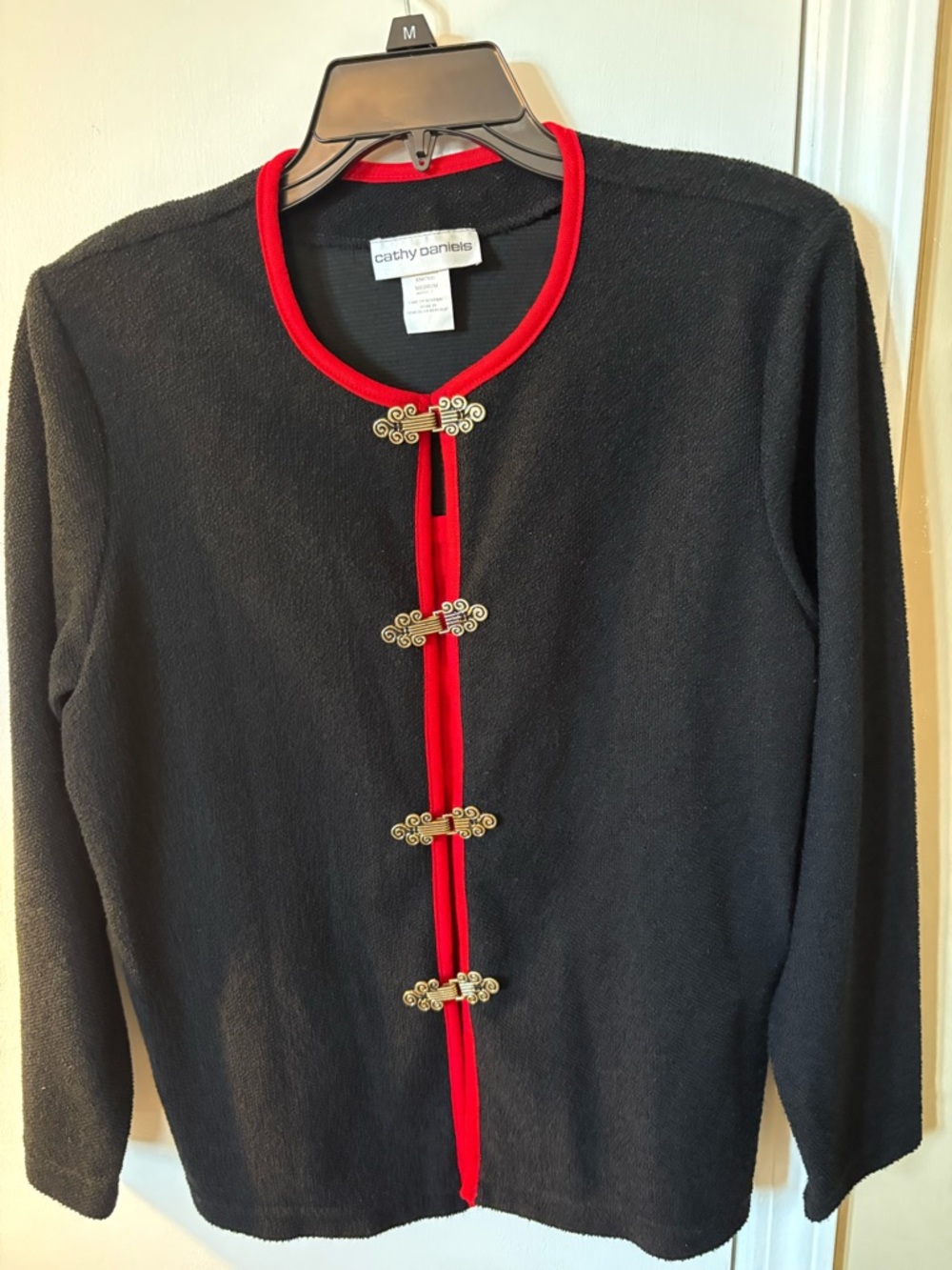 Cathy Daniels Black Cardigan with Red Trim and Gold Tone Closures